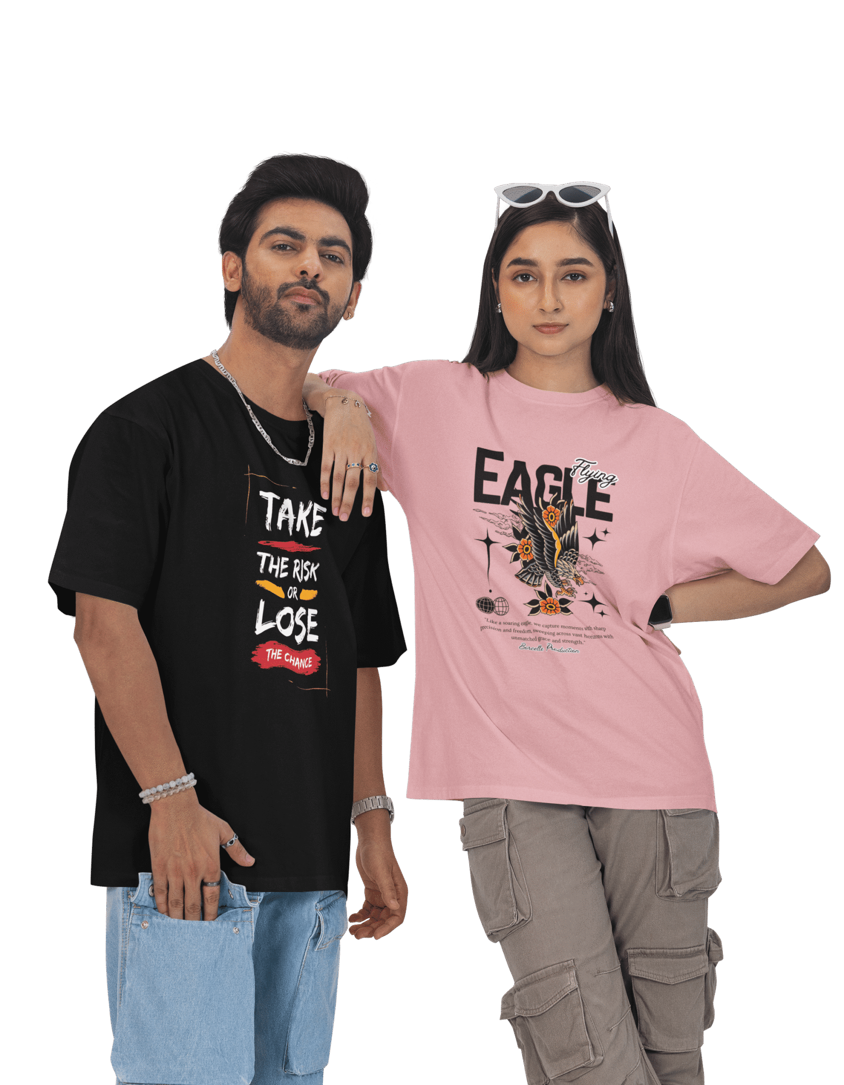 mockup of a serious couple posing against a colorful background wearing oversized t shirts m53027 (1)